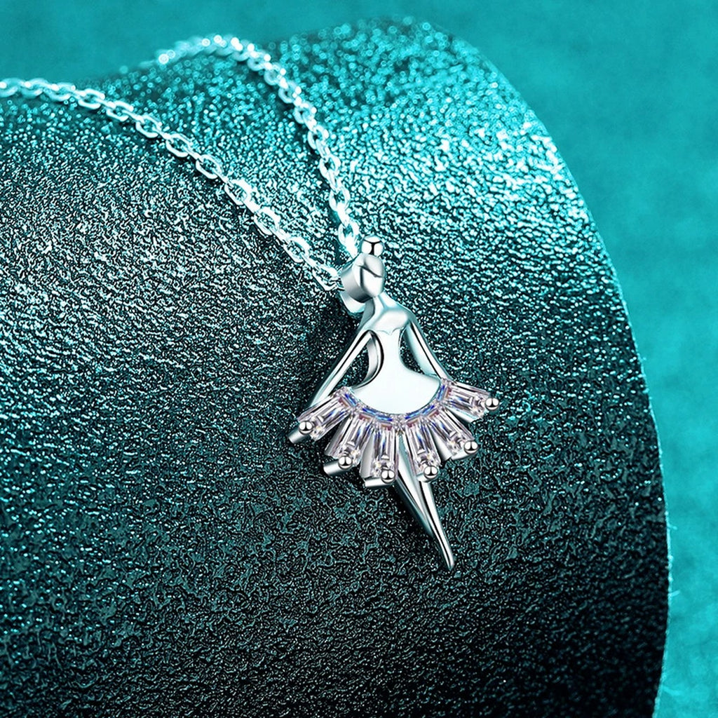 Ballerina Emerald Cut Moissanite Pendant Necklace in Rhodium-Plated S925 sterling silver close-up product scene showing pendant setting