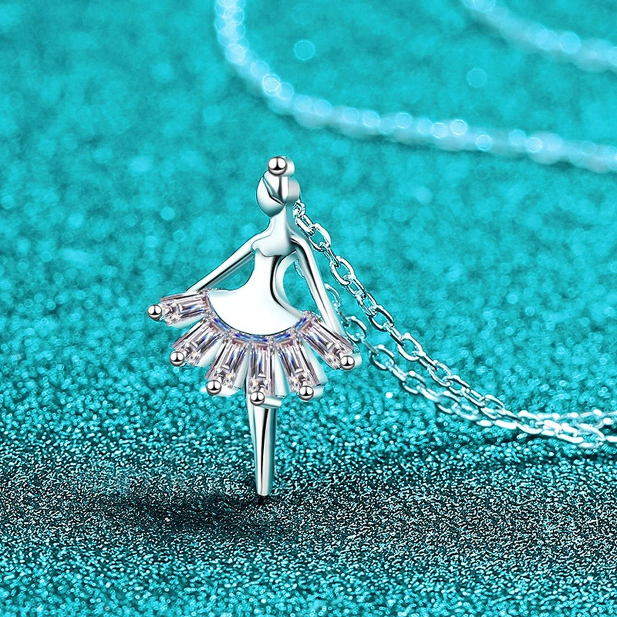 Ballerina Emerald Cut Moissanite Pendant Necklace in Rhodium-Plated S925 sterling silver blue display scene showing chain and stone layout