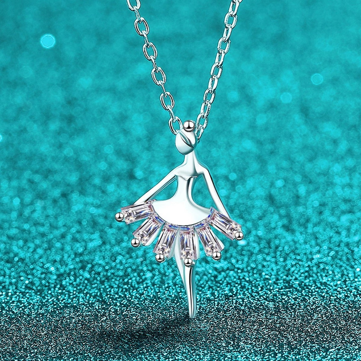 Ballerina Emerald Cut Moissanite Pendant Necklace in Rhodium-Plated S925 sterling silver angled product detail view