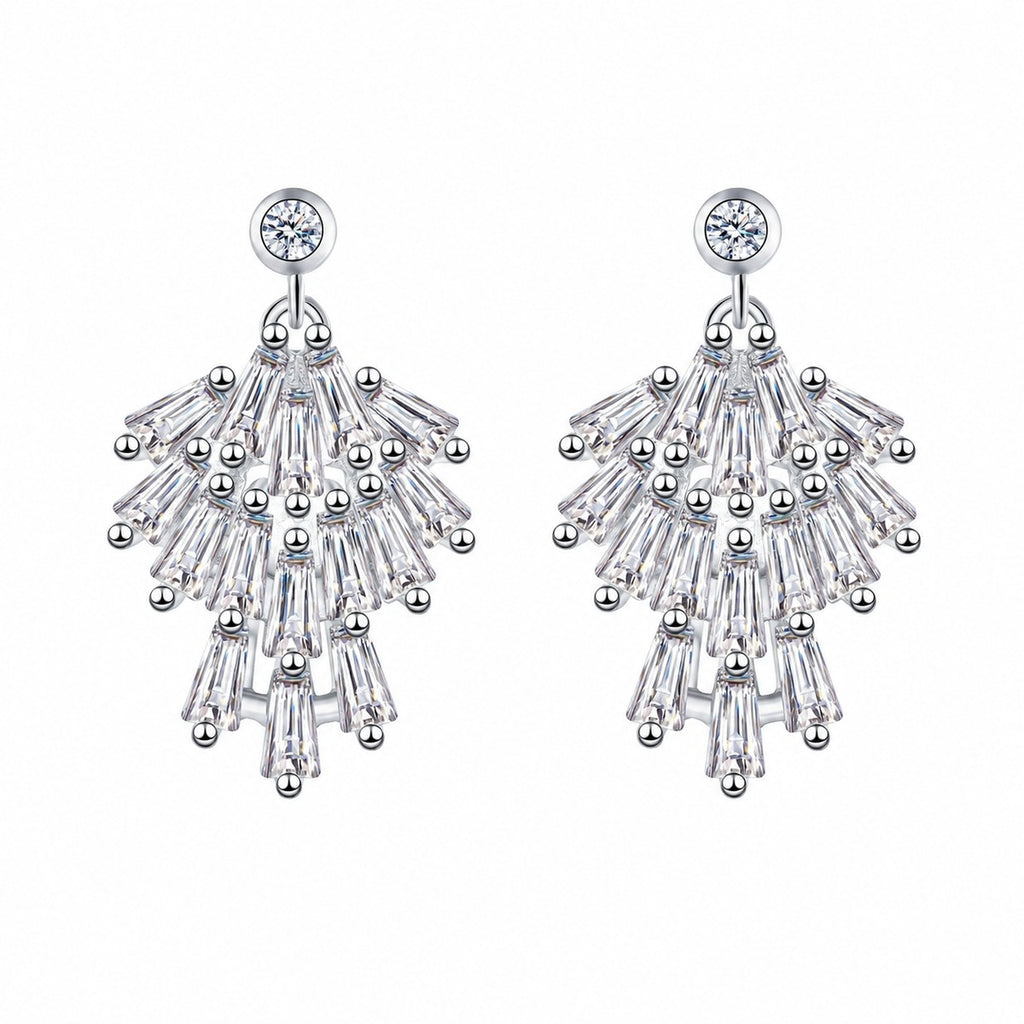 Moissanite Stud Chandelier Earrings in Rhodium-Plated S925 sterling silver white background product photo showing the pair, stone shape, and stud earrings silhouette