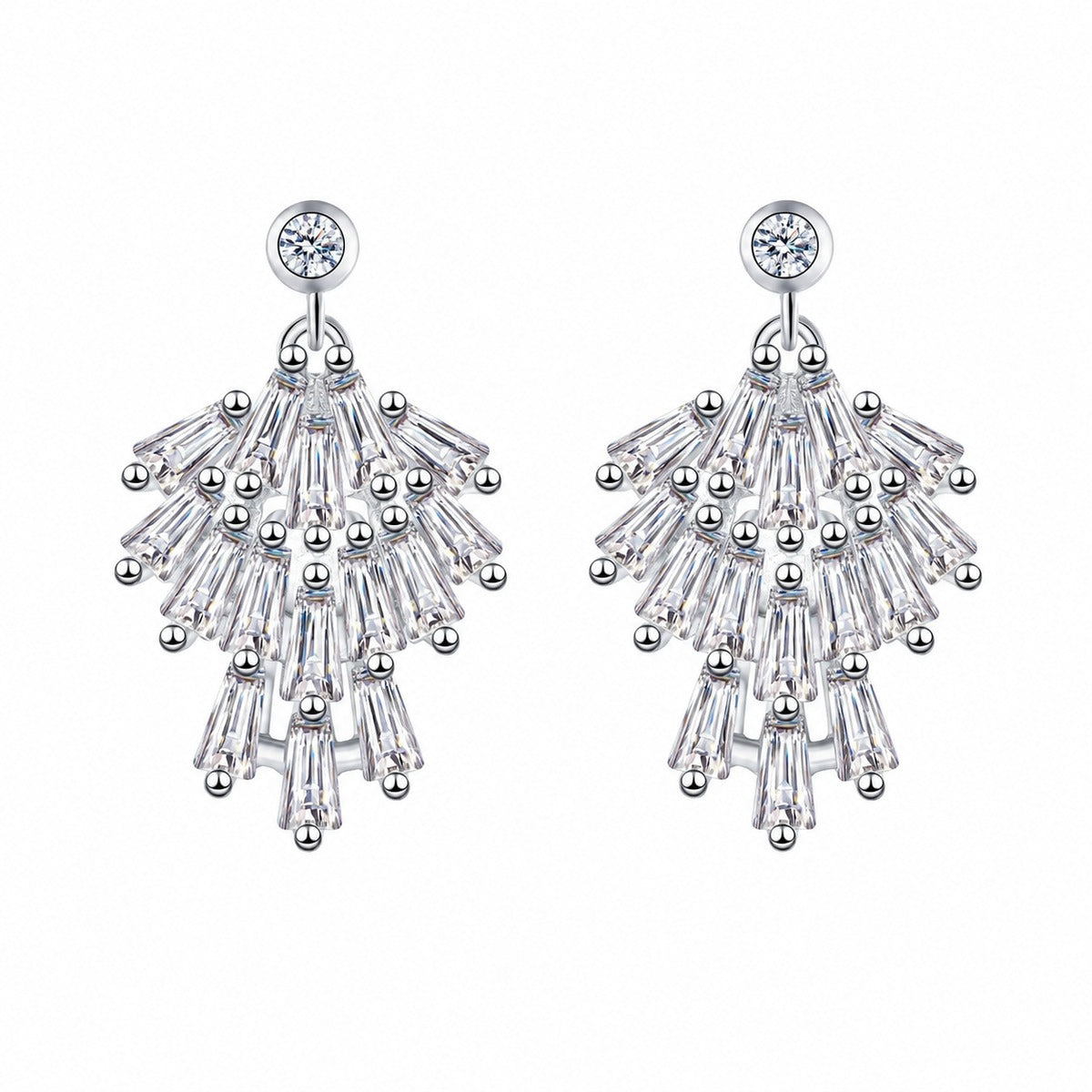 Moissanite Stud Chandelier Earrings in Rhodium-Plated S925 sterling silver white background product photo showing the pair, stone shape, and stud earrings silhouette
