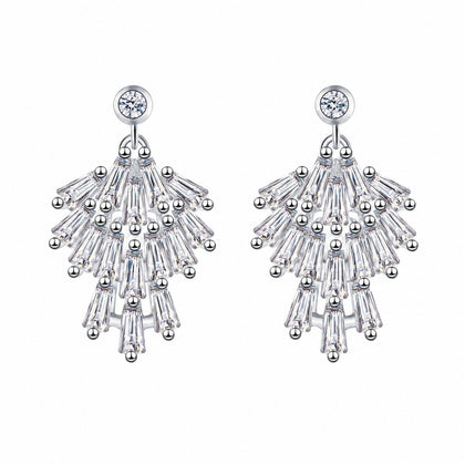 Moissanite Stud Chandelier Earrings in Rhodium-Plated S925 sterling silver white background product photo showing the pair, stone shape, and stud earrings silhouette