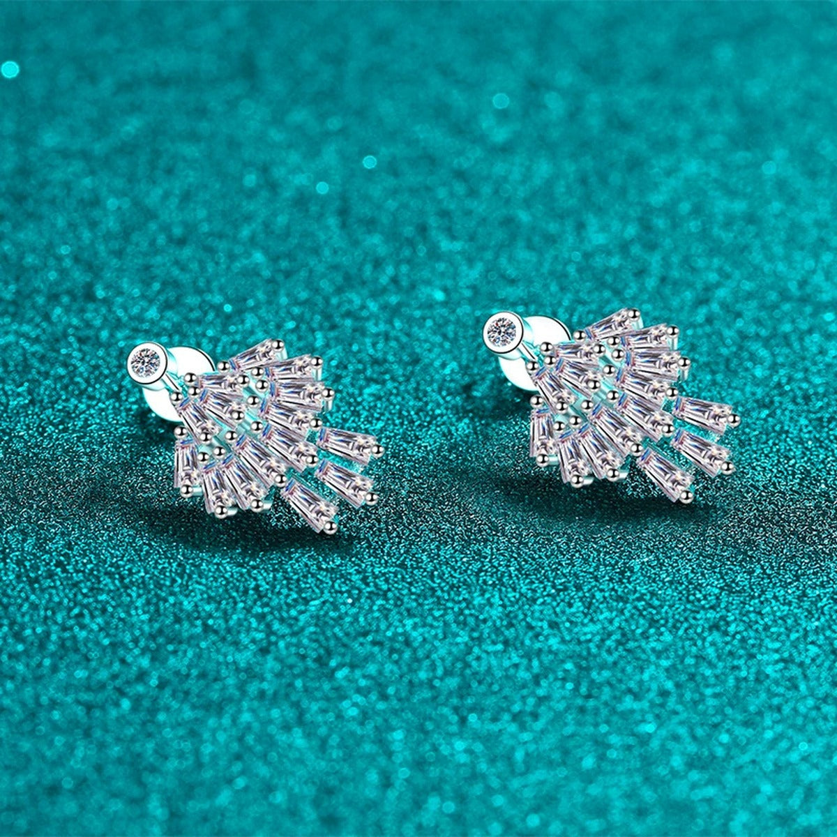 Moissanite Stud Chandelier Earrings in Rhodium-Plated S925 sterling silver product scene view showing front sparkle