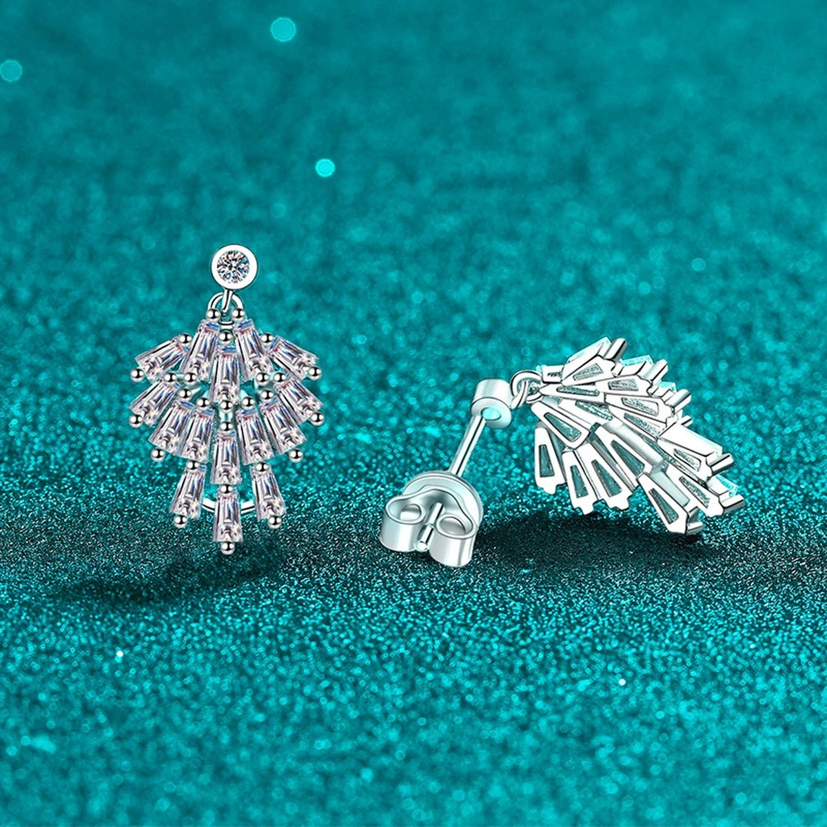 Moissanite Stud Chandelier Earrings in Rhodium-Plated S925 sterling silver product scene view showing angled setting detail