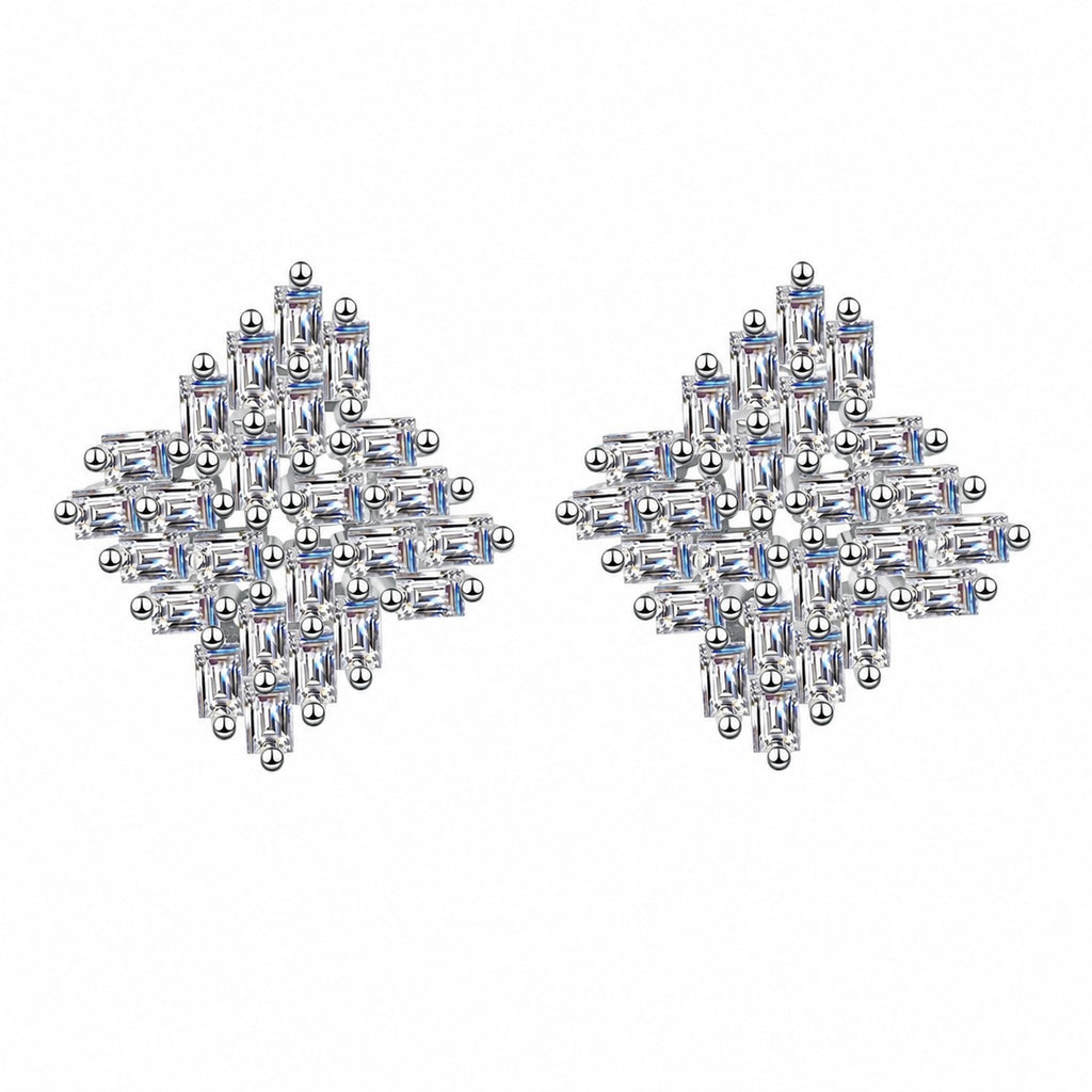 Emerald Cut Moissanite Stud Earrings in Rhodium-Plated S925 sterling silver white background product photo showing the pair, stone shape, and stud earrings silhouette