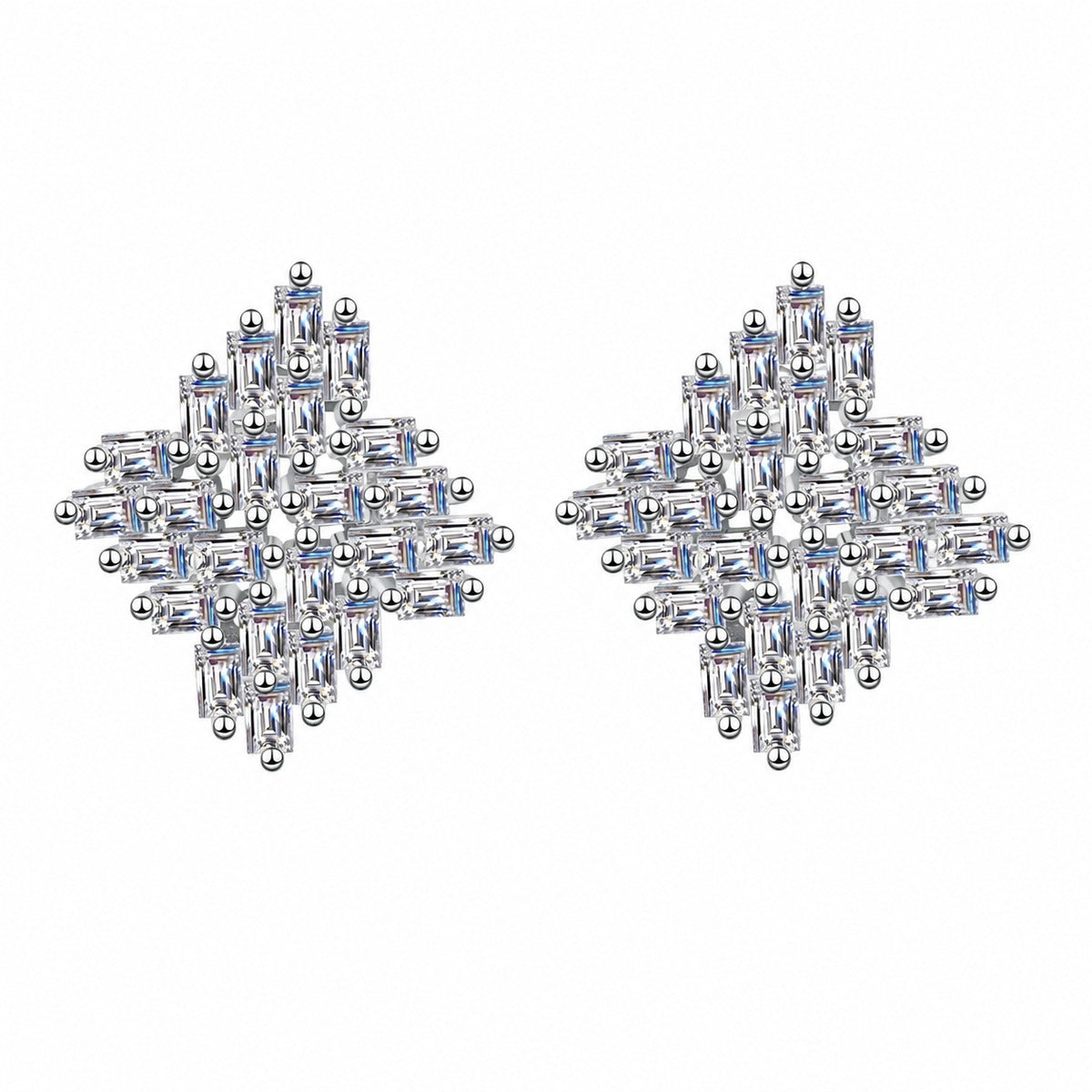 Emerald Cut Moissanite Stud Earrings in Rhodium-Plated S925 sterling silver white background product photo showing the pair, stone shape, and stud earrings silhouette