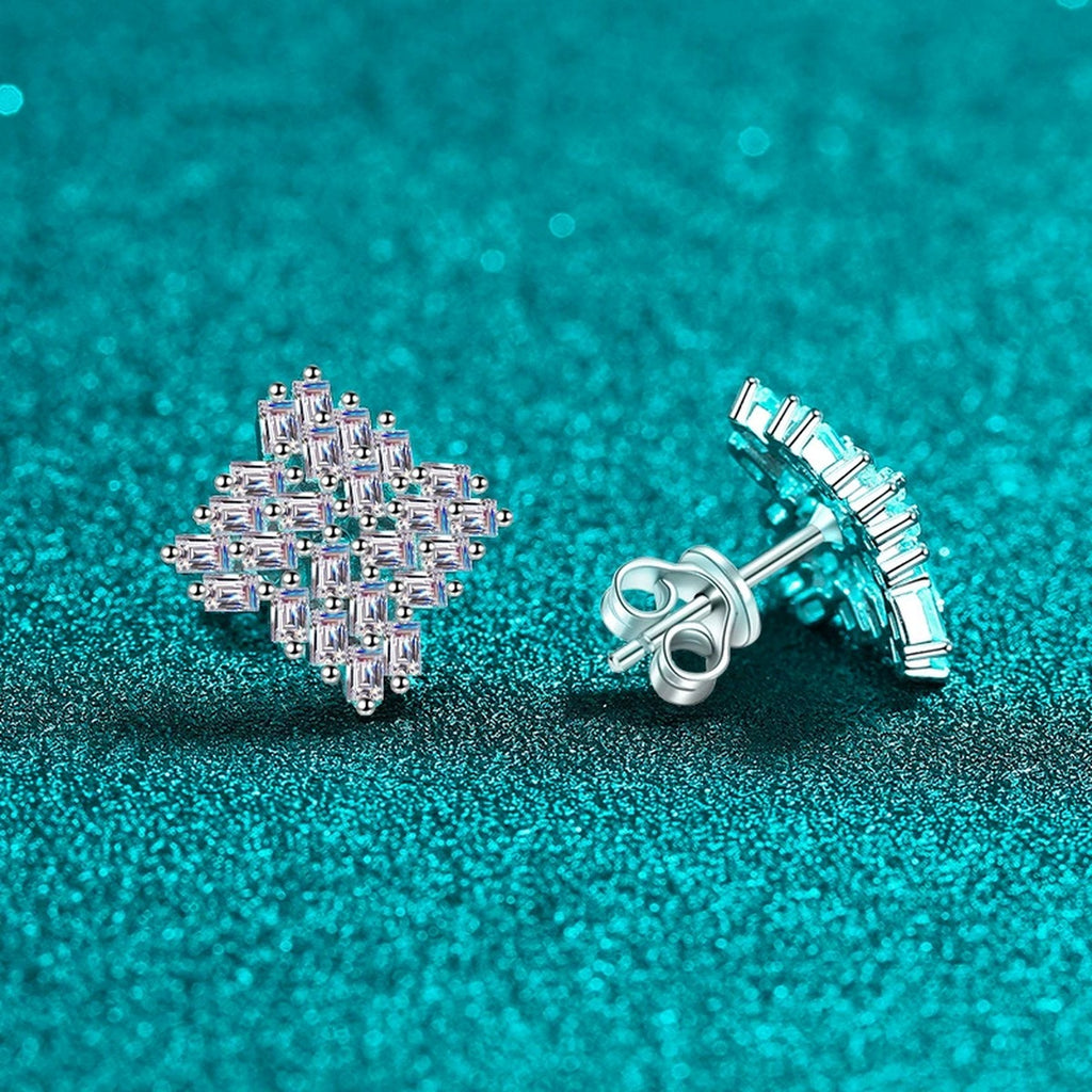 Emerald Cut Moissanite Stud Earrings in Rhodium-Plated S925 sterling silver product scene view showing front sparkle