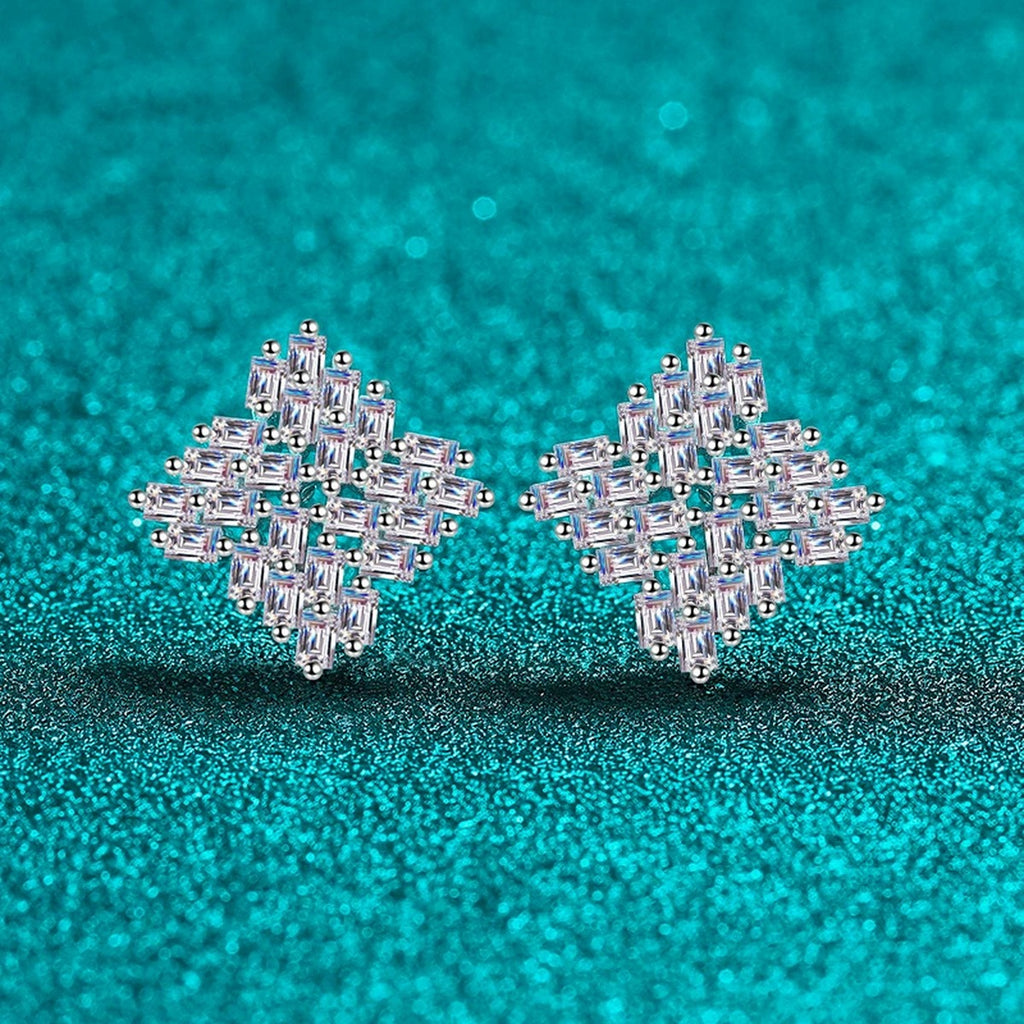 Emerald Cut Moissanite Stud Earrings in Rhodium-Plated S925 sterling silver product scene view showing angled setting detail