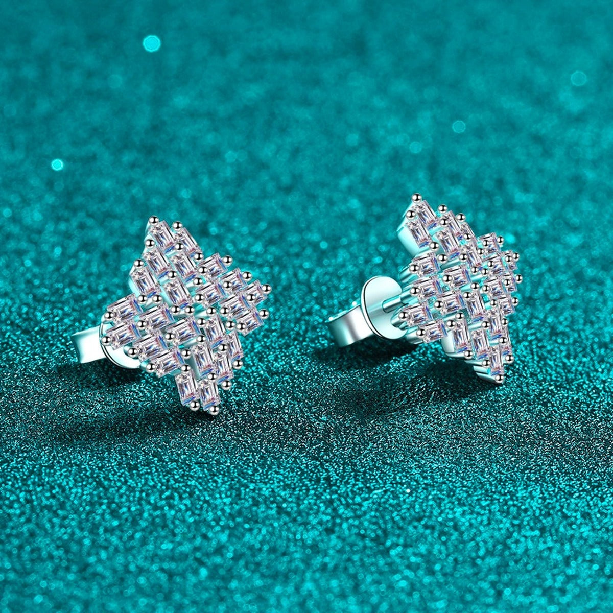 Emerald Cut Moissanite Stud Earrings in Rhodium-Plated S925 sterling silver product scene view showing side profile