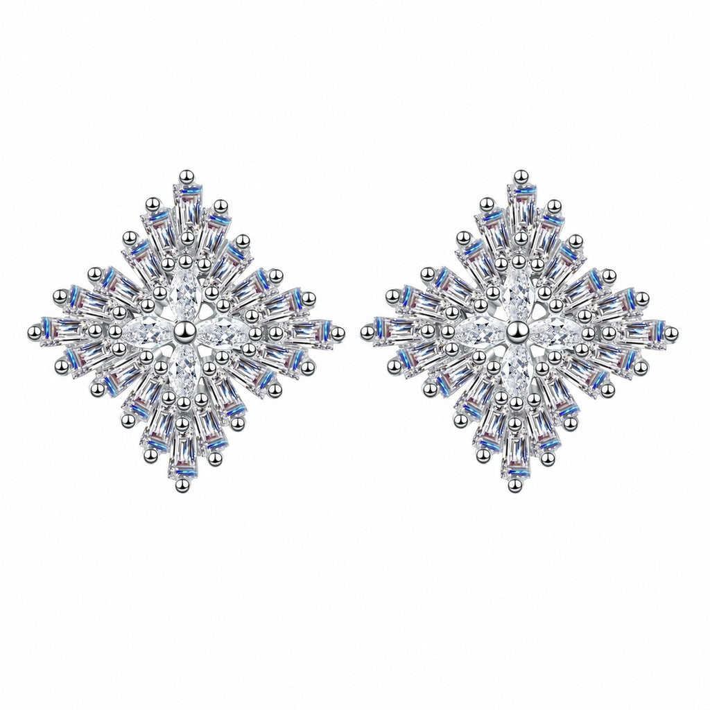 Mixed Cut Moissanite Cluster Stud Earrings in Rhodium-Plated S925 sterling silver white background product photo showing the pair, stone shape, and stud earrings silhouette