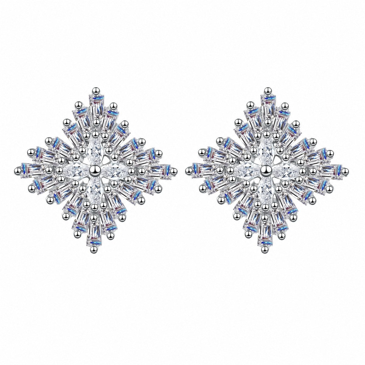 Mixed Cut Moissanite Cluster Stud Earrings in Rhodium-Plated S925 sterling silver white background product photo showing the pair, stone shape, and stud earrings silhouette