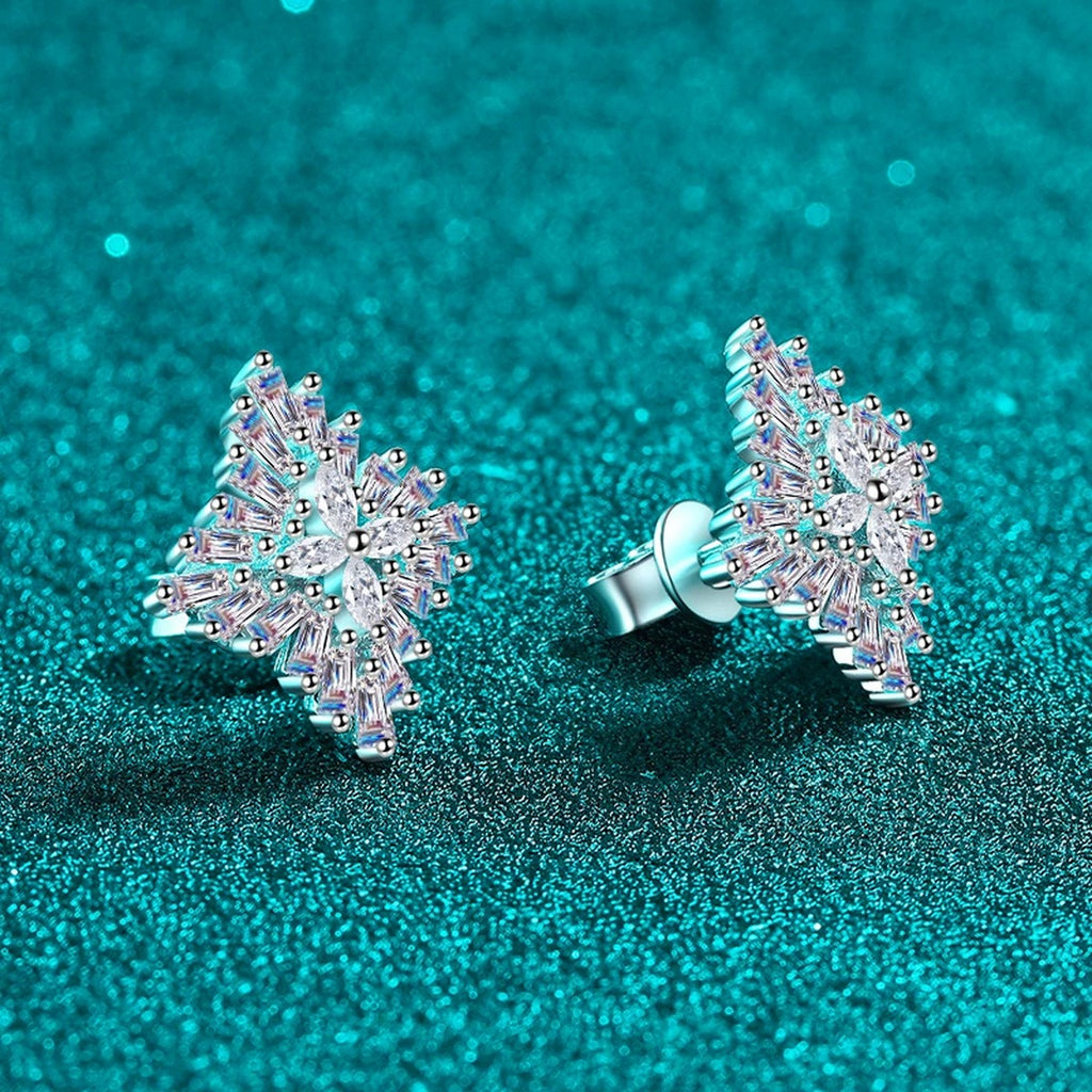 Mixed Cut Moissanite Cluster Stud Earrings in Rhodium-Plated S925 sterling silver product scene view showing front sparkle