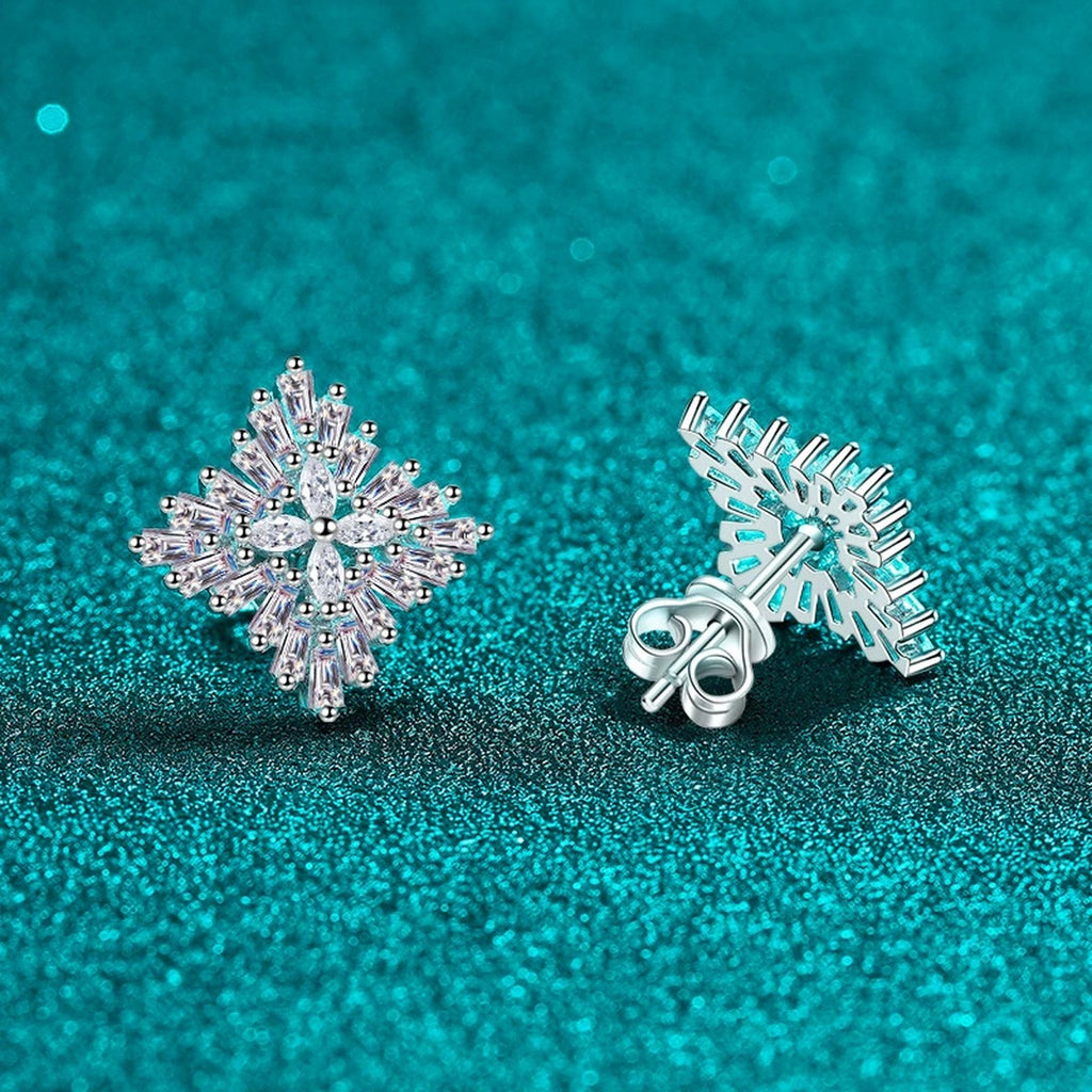 Mixed Cut Moissanite Cluster Stud Earrings in Rhodium-Plated S925 sterling silver product scene view showing angled setting detail