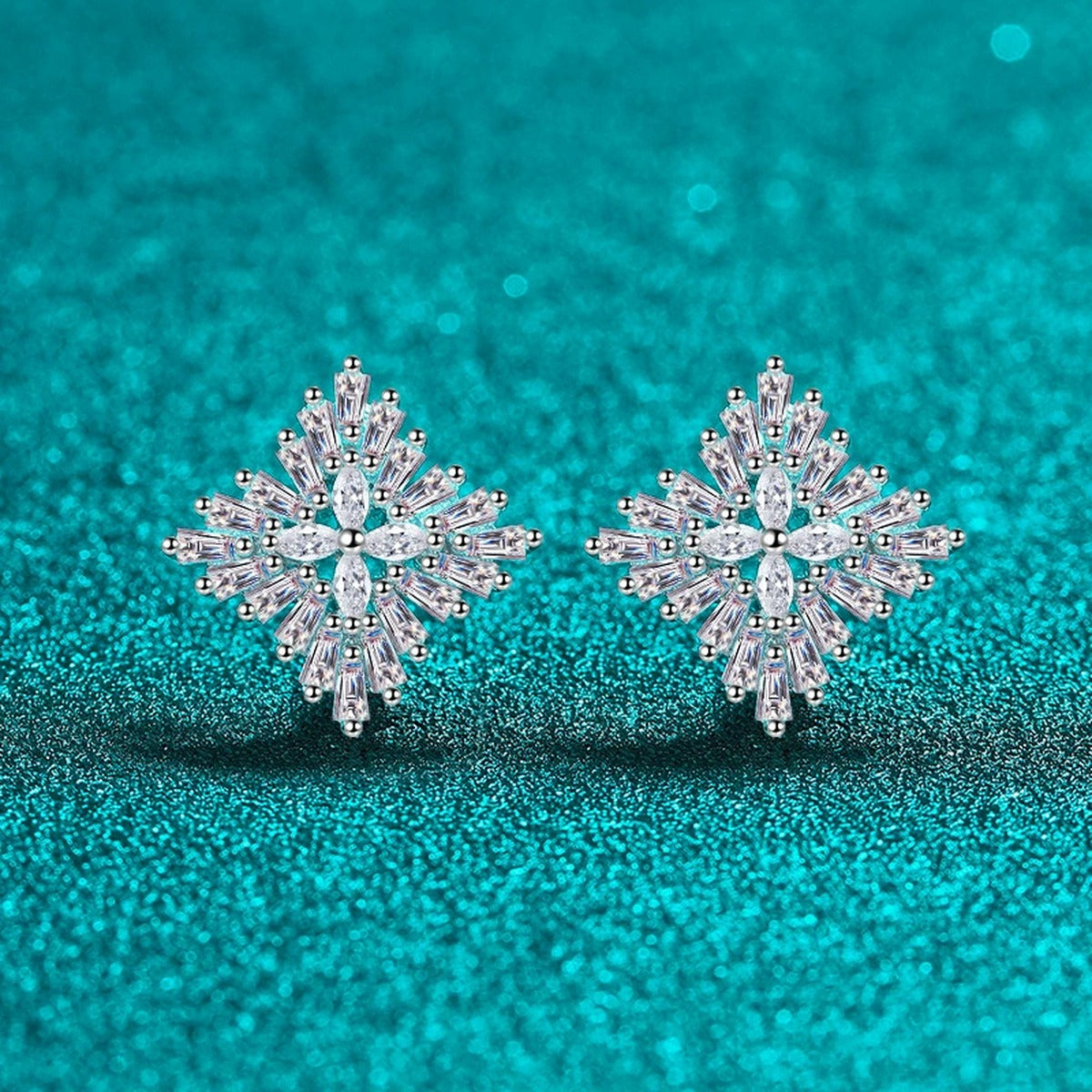 Mixed Cut Moissanite Cluster Stud Earrings in Rhodium-Plated S925 sterling silver product scene view showing side profile