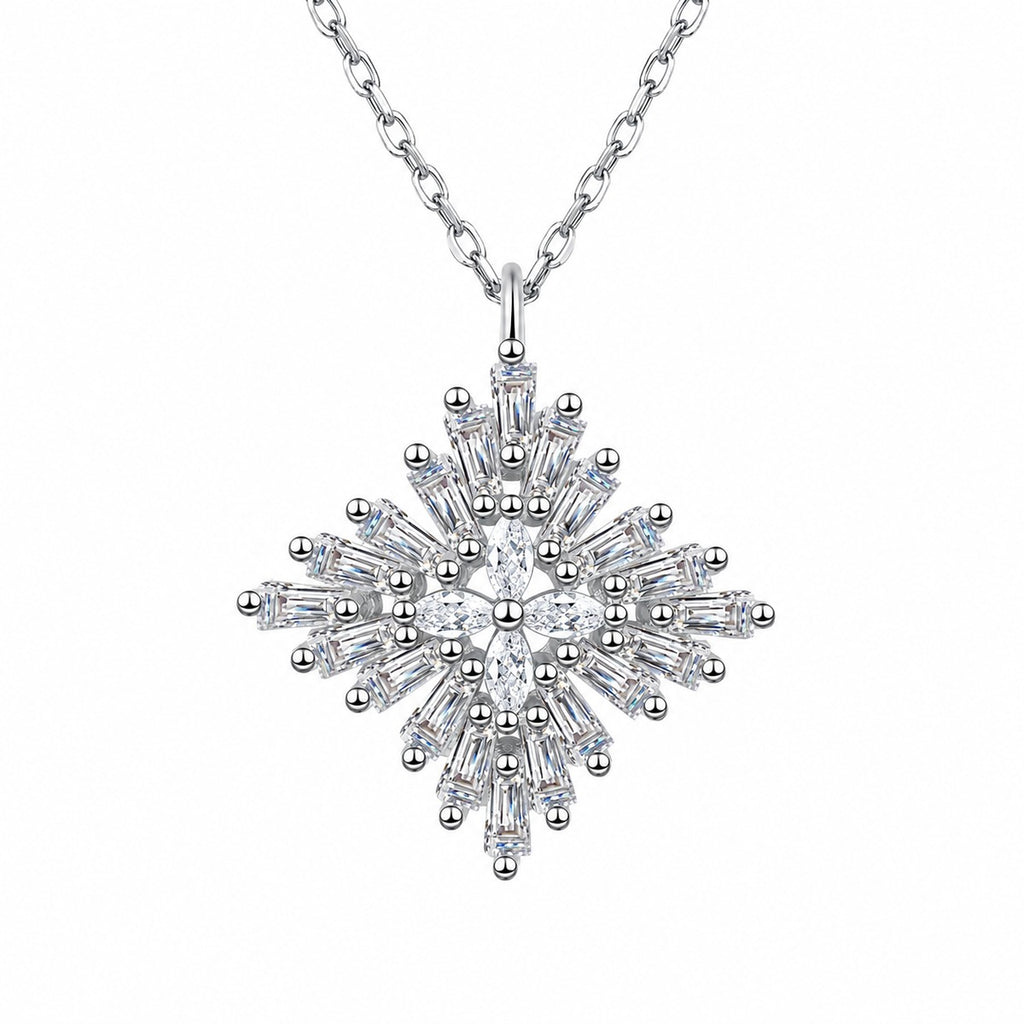Snowflake Mixed-Cut Moissanite Pendant Necklace in Rhodium-Plated S925 sterling silver white background product photo showing snowflake pendant with emerald cut and marquise moissanite stones