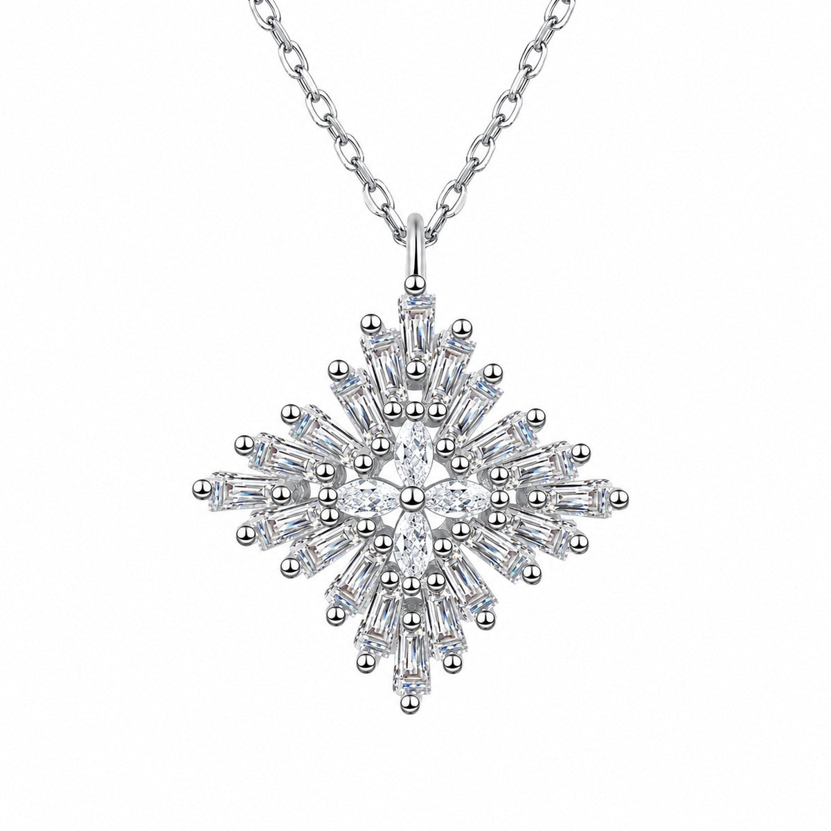 Snowflake Mixed-Cut Moissanite Pendant Necklace in Rhodium-Plated S925 sterling silver white background product photo showing snowflake pendant with emerald cut and marquise moissanite stones