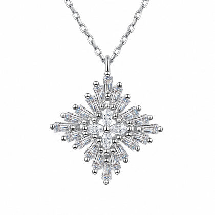Snowflake Mixed-Cut Moissanite Pendant Necklace in Rhodium-Plated S925 sterling silver white background product photo showing snowflake pendant with emerald cut and marquise moissanite stones
