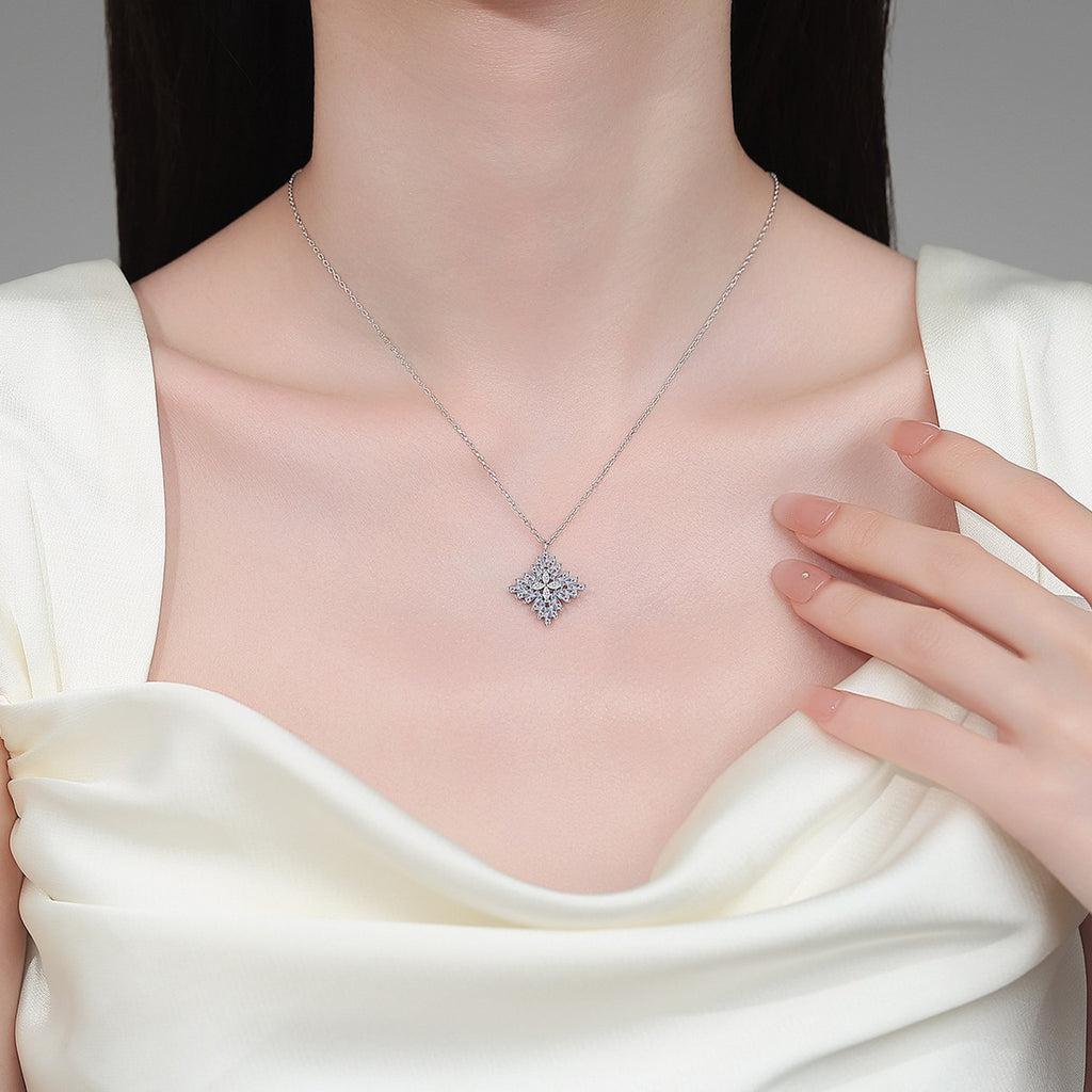 Snowflake Mixed-Cut Moissanite Pendant Necklace in Rhodium-Plated S925 sterling silver neckline model view showing pendant scale and adjustable chain