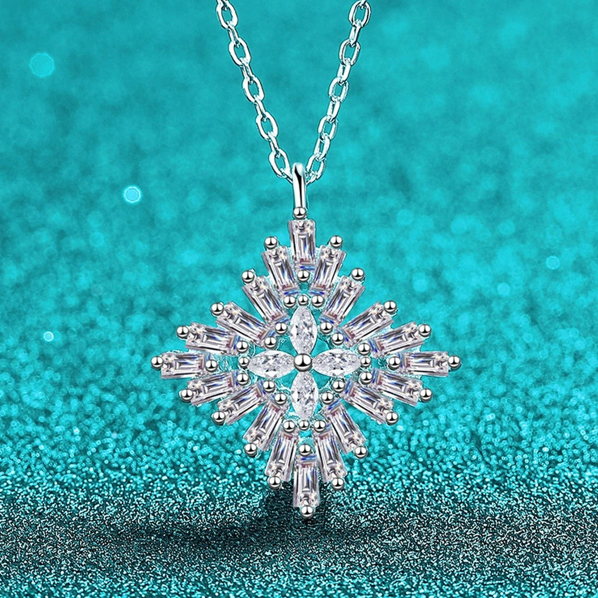 Snowflake Mixed-Cut Moissanite Pendant Necklace in Rhodium-Plated S925 sterling silver close-up product scene showing pendant setting