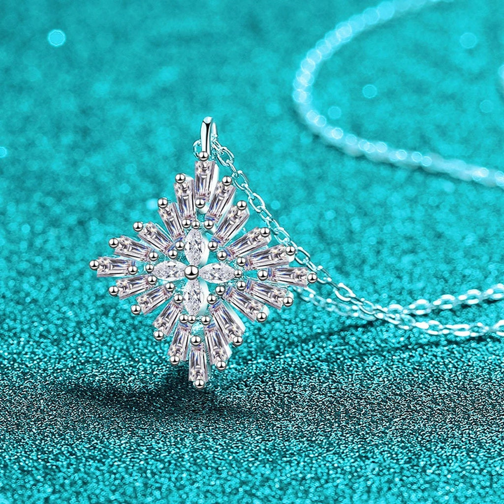 Snowflake Mixed-Cut Moissanite Pendant Necklace in Rhodium-Plated S925 sterling silver blue display scene showing chain and stone layout