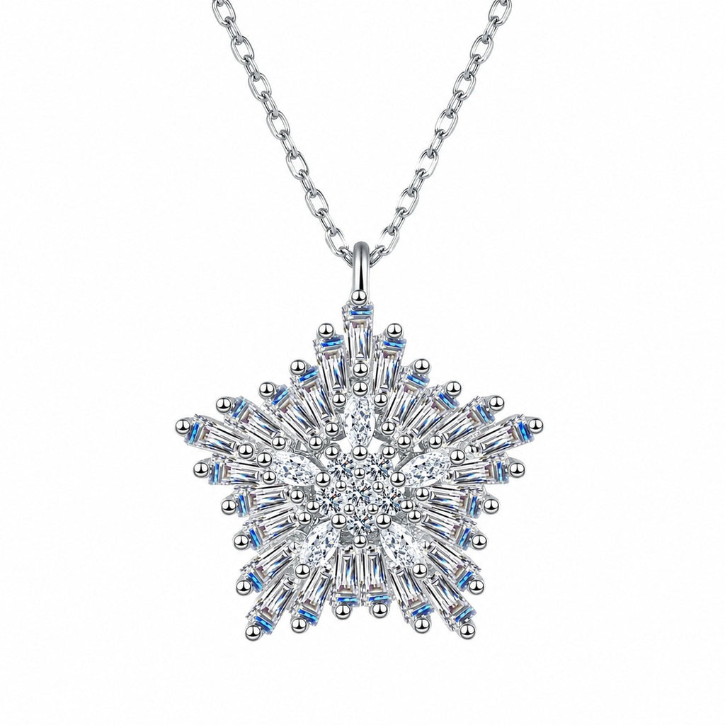 Snowflake Mixed-Cut Moissanite Pendant Necklace in Rhodium-Plated S925 sterling silver white background product photo showing large snowflake pendant with emerald, marquise, and round moissanite stones