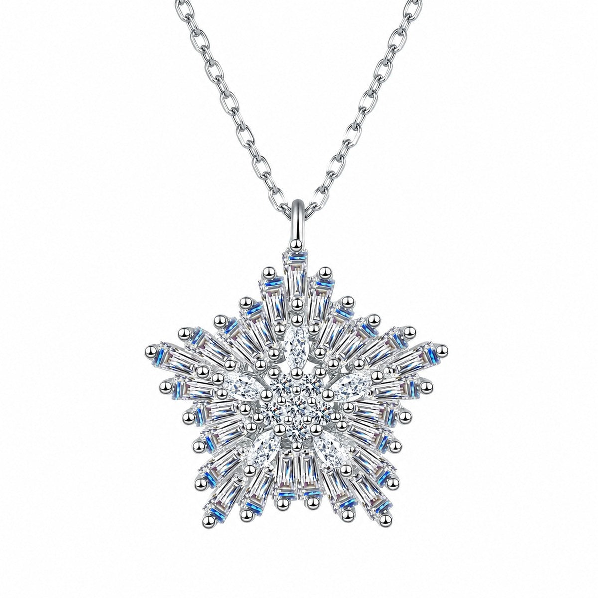 Snowflake Mixed-Cut Moissanite Pendant Necklace in Rhodium-Plated S925 sterling silver white background product photo showing large snowflake pendant with emerald, marquise, and round moissanite stones