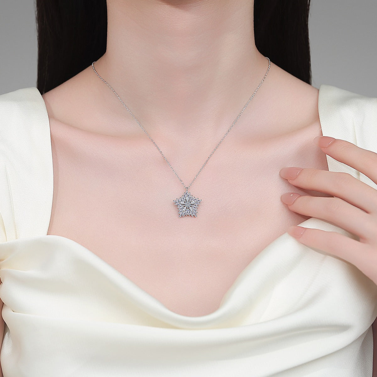 Snowflake Mixed-Cut Moissanite Pendant Necklace in Rhodium-Plated S925 sterling silver neckline model view showing pendant scale and adjustable chain