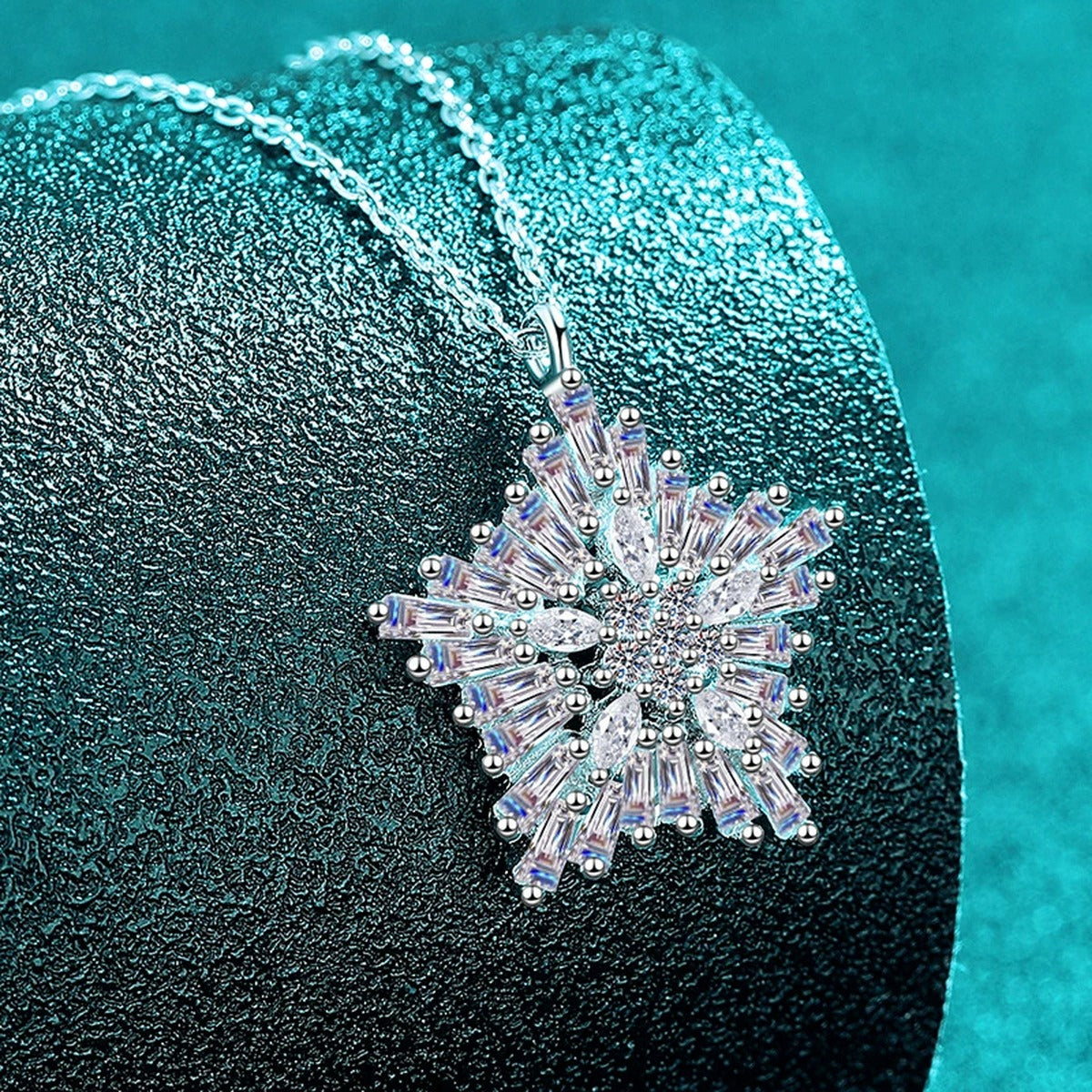 Snowflake Mixed-Cut Moissanite Pendant Necklace in Rhodium-Plated S925 sterling silver close-up product scene showing pendant setting