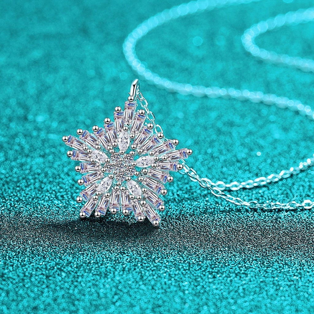Snowflake Mixed-Cut Moissanite Pendant Necklace in Rhodium-Plated S925 sterling silver blue display scene showing chain and stone layout
