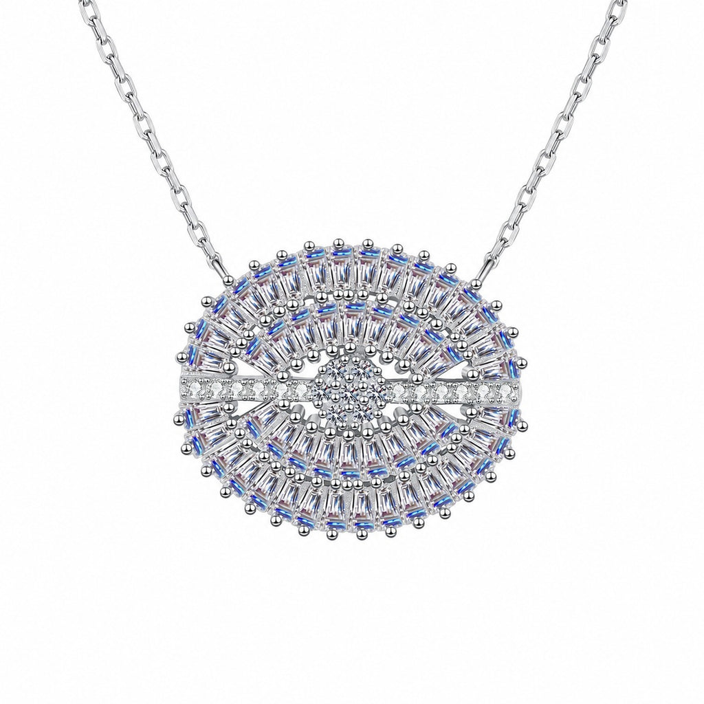 Eye Mixed-Cut Moissanite Necklace in Rhodium-Plated S925 sterling silver white background product photo showing eye-shaped pendant with round and emerald cut moissanite stones