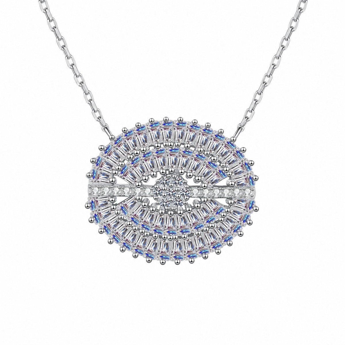 Eye Mixed-Cut Moissanite Necklace in Rhodium-Plated S925 sterling silver white background product photo showing eye-shaped pendant with round and emerald cut moissanite stones