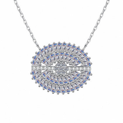 Eye Mixed-Cut Moissanite Necklace in Rhodium-Plated S925 sterling silver white background product photo showing eye-shaped pendant with round and emerald cut moissanite stones