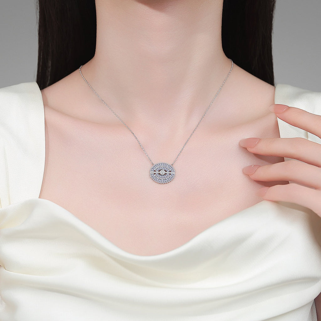 Eye Mixed-Cut Moissanite Necklace in Rhodium-Plated S925 sterling silver neckline model view showing pendant scale and adjustable chain
