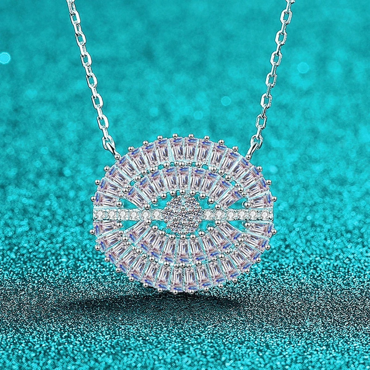 Eye Mixed-Cut Moissanite Necklace in Rhodium-Plated S925 sterling silver blue display scene showing chain and stone layout