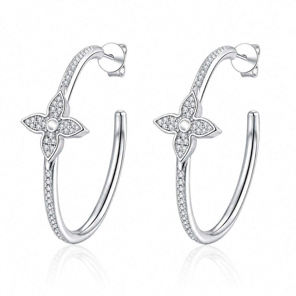 Floral Moissanite Stud Hoop Earrings in Rhodium-Plated S925 sterling silver white background product photo showing the pair, stone shape, and stud hoop earrings silhouette