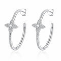 Floral Moissanite Stud Hoop Earrings in Rhodium-Plated S925 sterling silver white background product photo showing the pair, stone shape, and stud hoop earrings silhouette