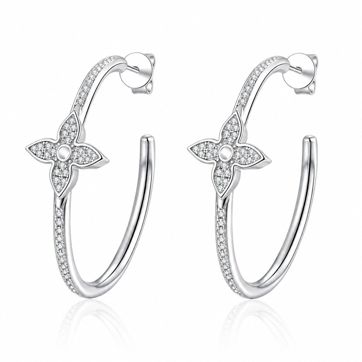 Floral Moissanite Stud Hoop Earrings in Rhodium-Plated S925 sterling silver white background product photo showing the pair, stone shape, and stud hoop earrings silhouette