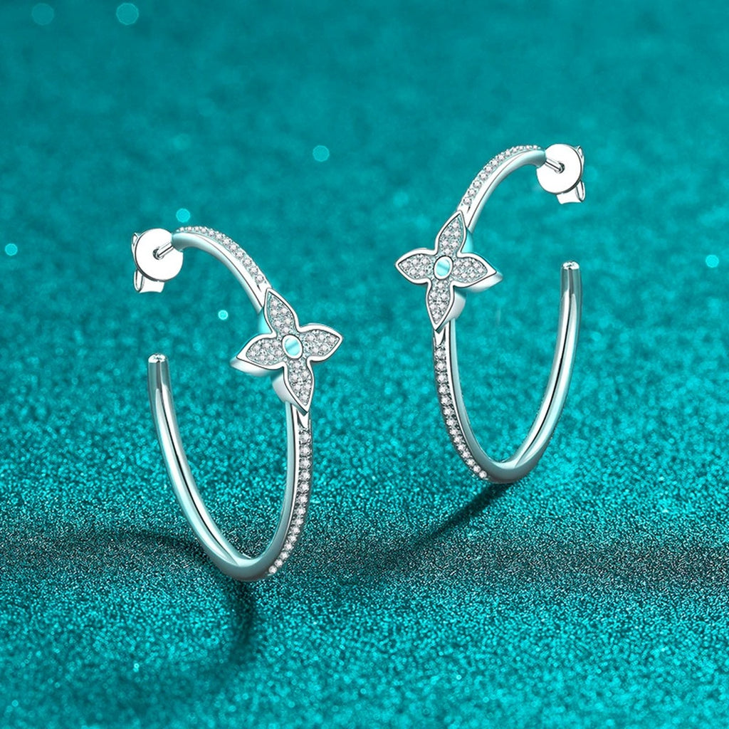 Floral Moissanite Stud Hoop Earrings in Rhodium-Plated S925 sterling silver product scene view showing front sparkle