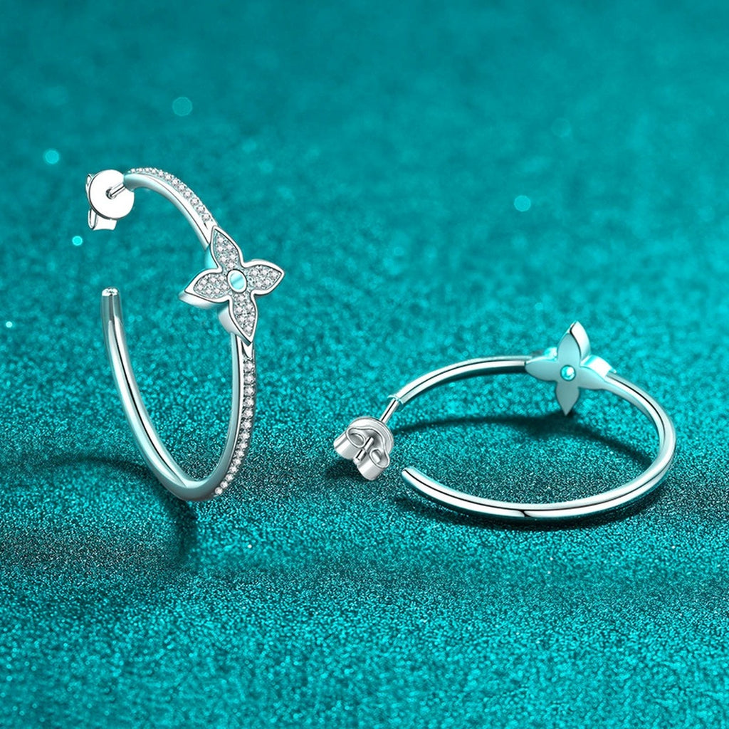 Floral Moissanite Stud Hoop Earrings in Rhodium-Plated S925 sterling silver product scene view showing angled setting detail