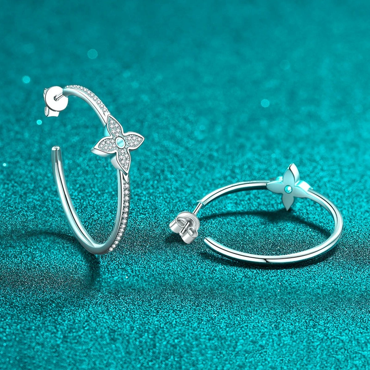 Floral Moissanite Stud Hoop Earrings in Rhodium-Plated S925 sterling silver product scene view showing angled setting detail