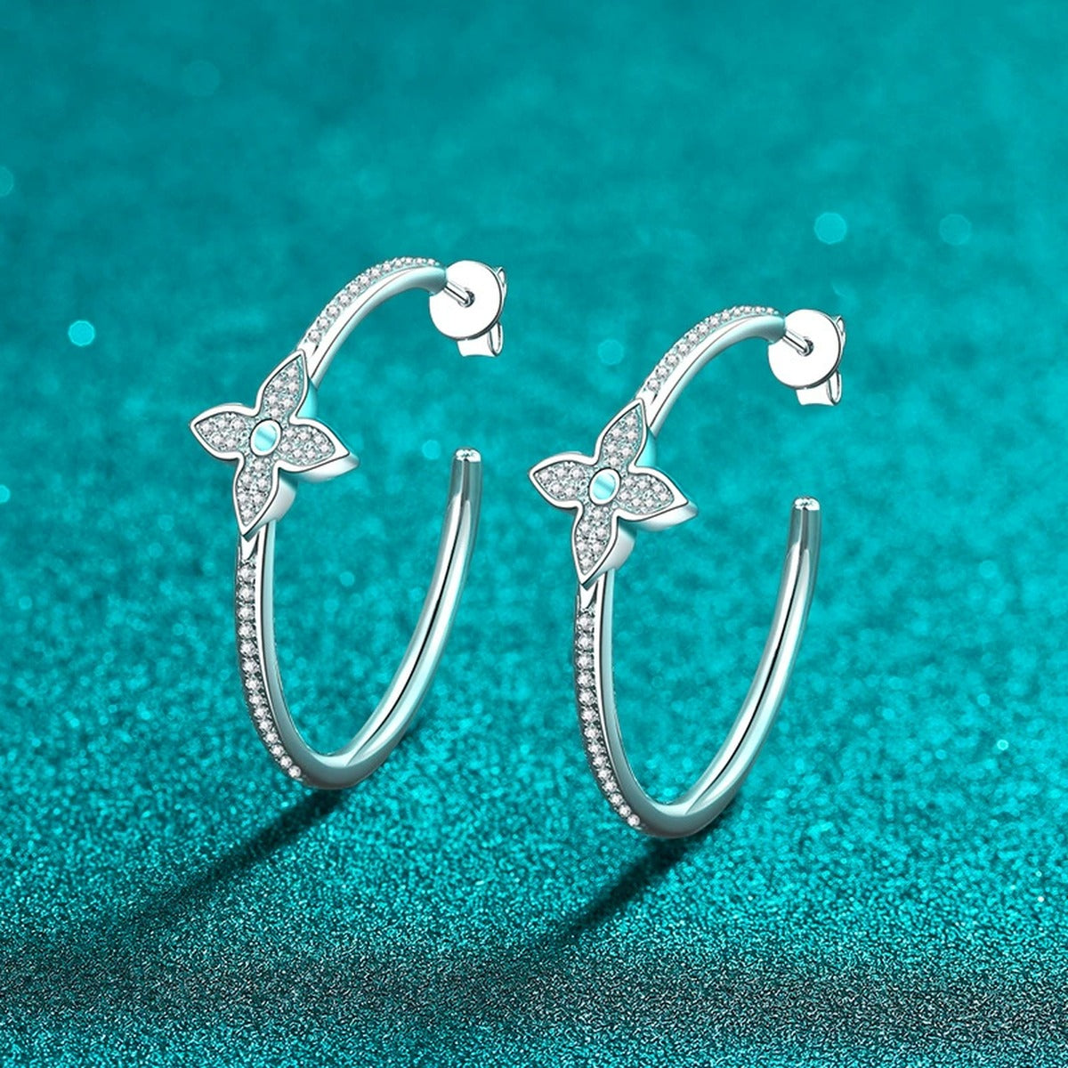 Floral Moissanite Stud Hoop Earrings in Rhodium-Plated S925 sterling silver product scene view showing side profile