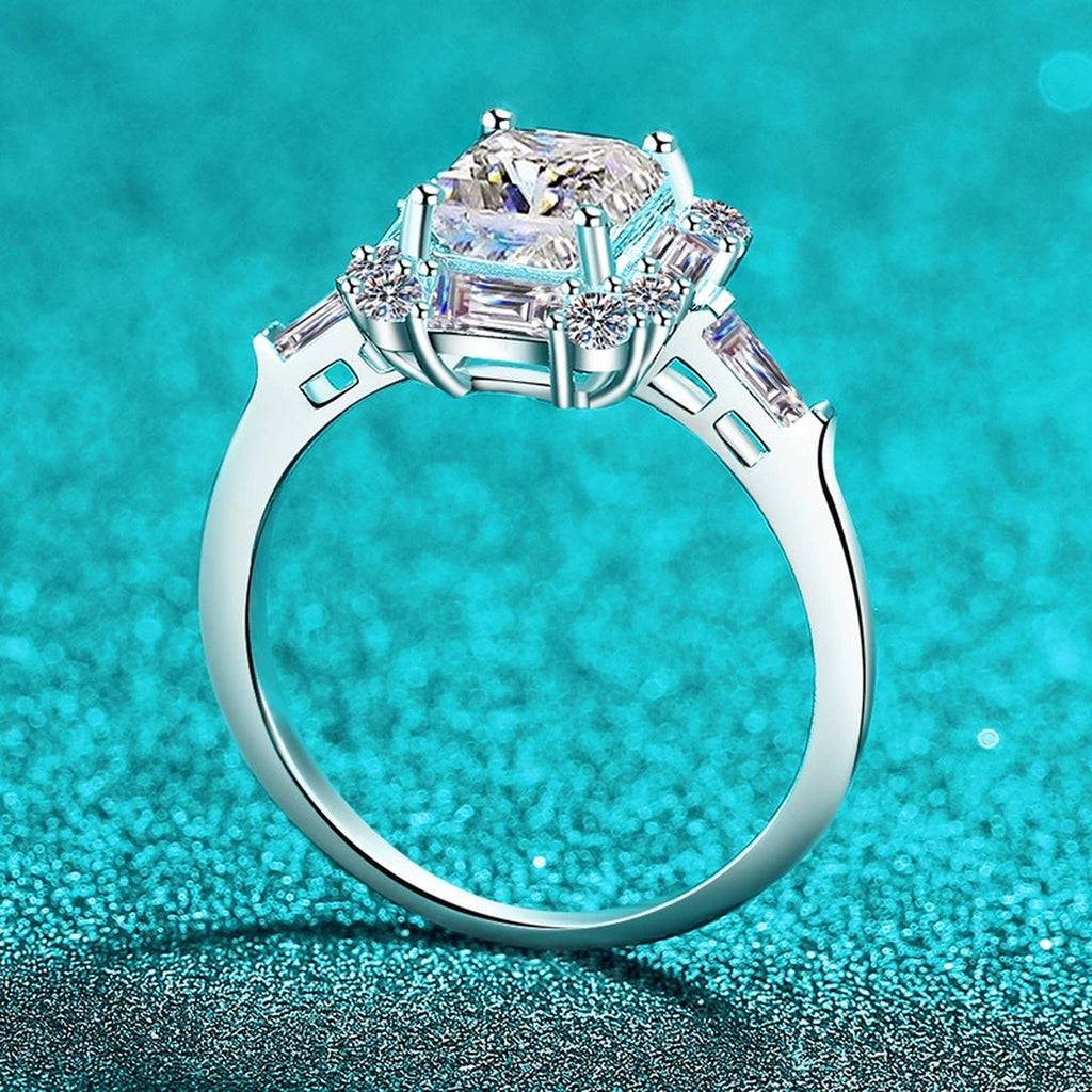 Emerald and Radiant Cut Moissanite Ring with CZ product view showing moissanite setting and metal finish