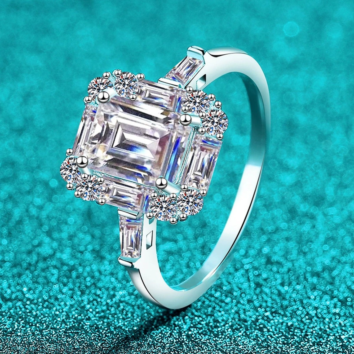 Emerald and Radiant Cut Moissanite Ring with CZ product view showing moissanite setting and metal finish