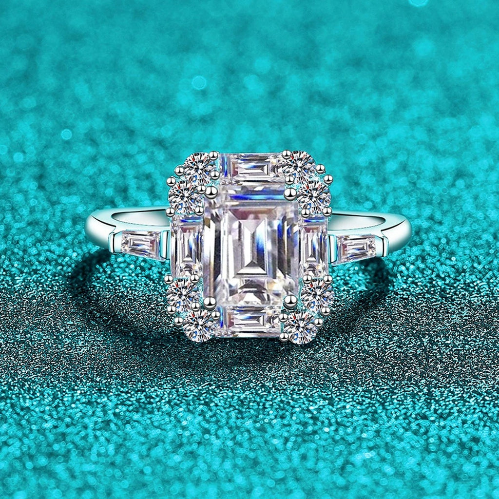 Emerald and Radiant Cut Moissanite Ring with CZ product view showing moissanite setting and metal finish