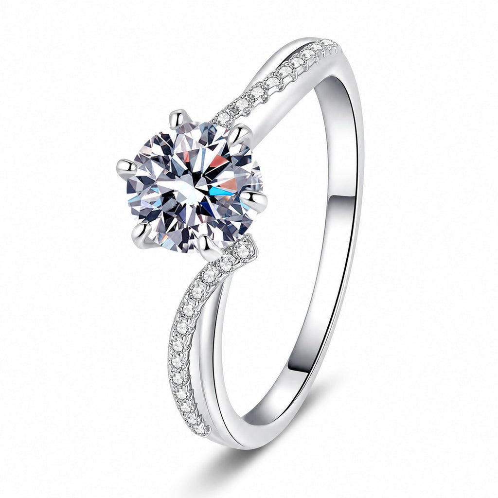 Round Moissanite Ring with CZ in rhodium-plated S925 sterling silver on clean white background