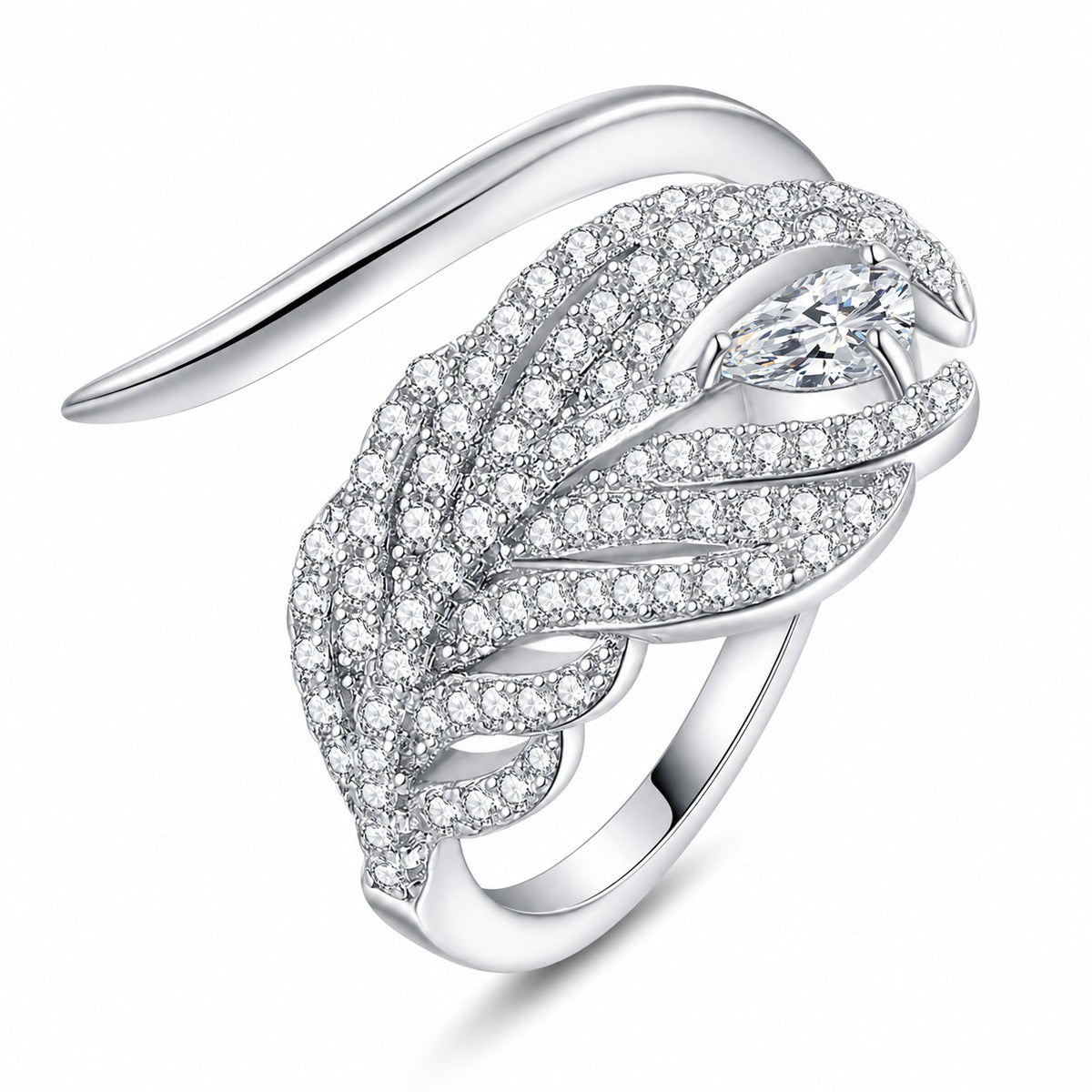 Pear and Round Moissanite Statement Ring in rhodium-plated S925 sterling silver on clean white background
