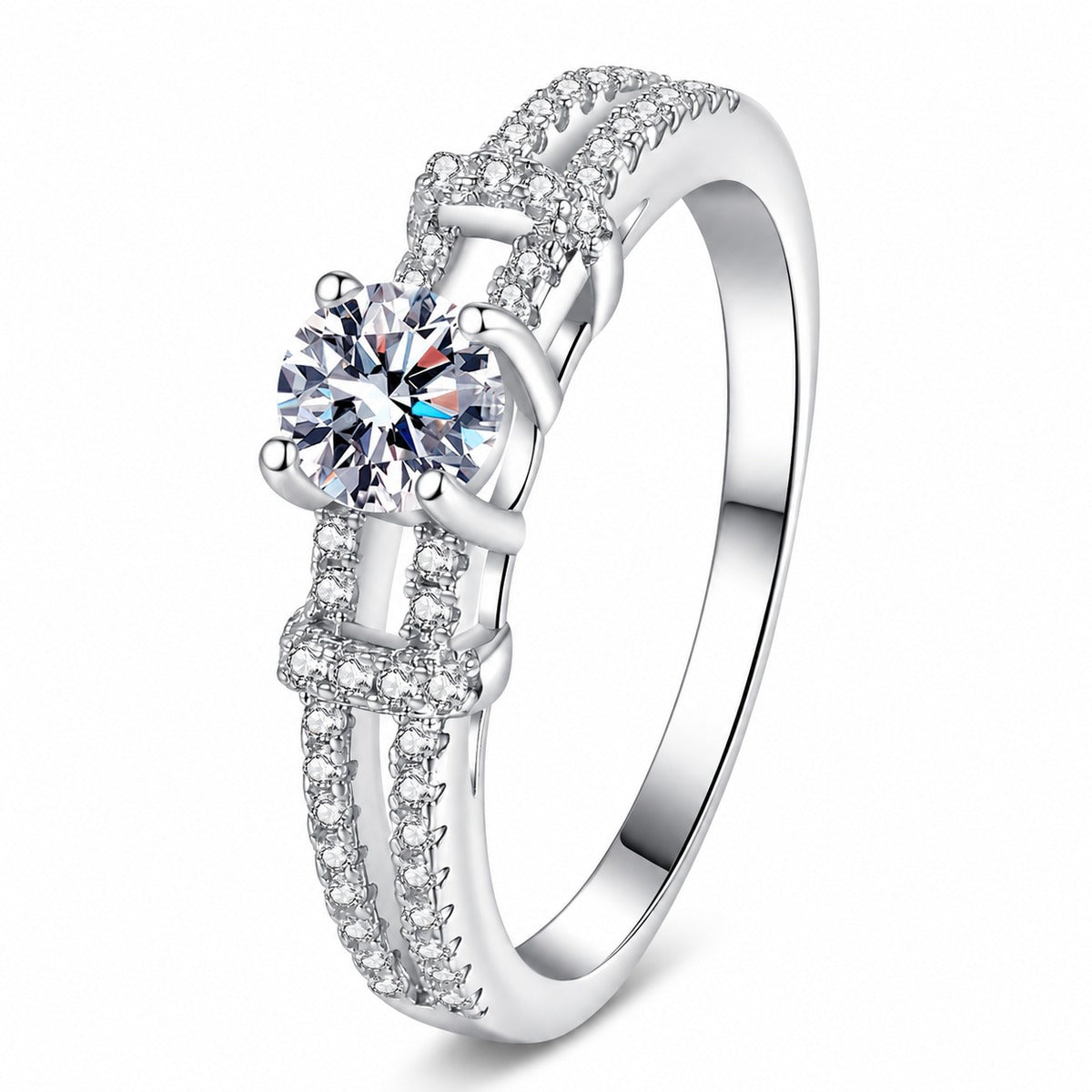 Round Moissanite Ring with CZ in rhodium-plated S925 sterling silver on clean white background