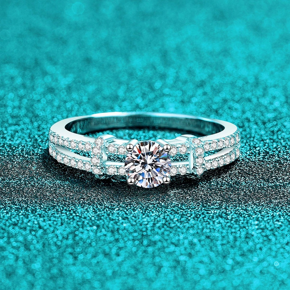 Round Moissanite Ring with CZ product view showing moissanite setting and metal finish