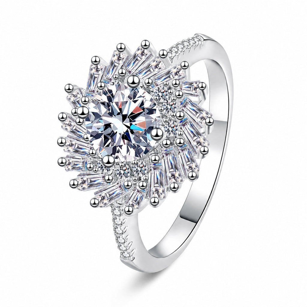 Round Moissanite Halo Ring with CZ in rhodium-plated S925 sterling silver on clean white background
