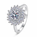 Round Moissanite Halo Ring with CZ in rhodium-plated S925 sterling silver on clean white background